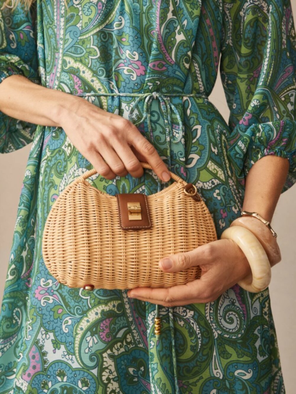 NWT $198 J. McLaughlin The Iris Wicker Handbag - Natural / Saddle